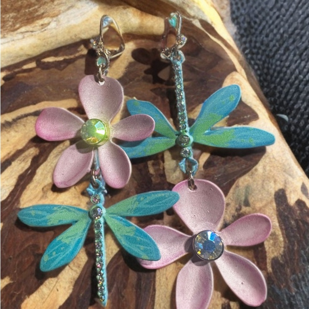Betsey Johnson Pink Floral and Blue Dragonfly Earrings